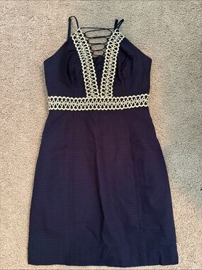 Lilly Pulitzer Navy Trisha Shift with Gold Crochet Trim